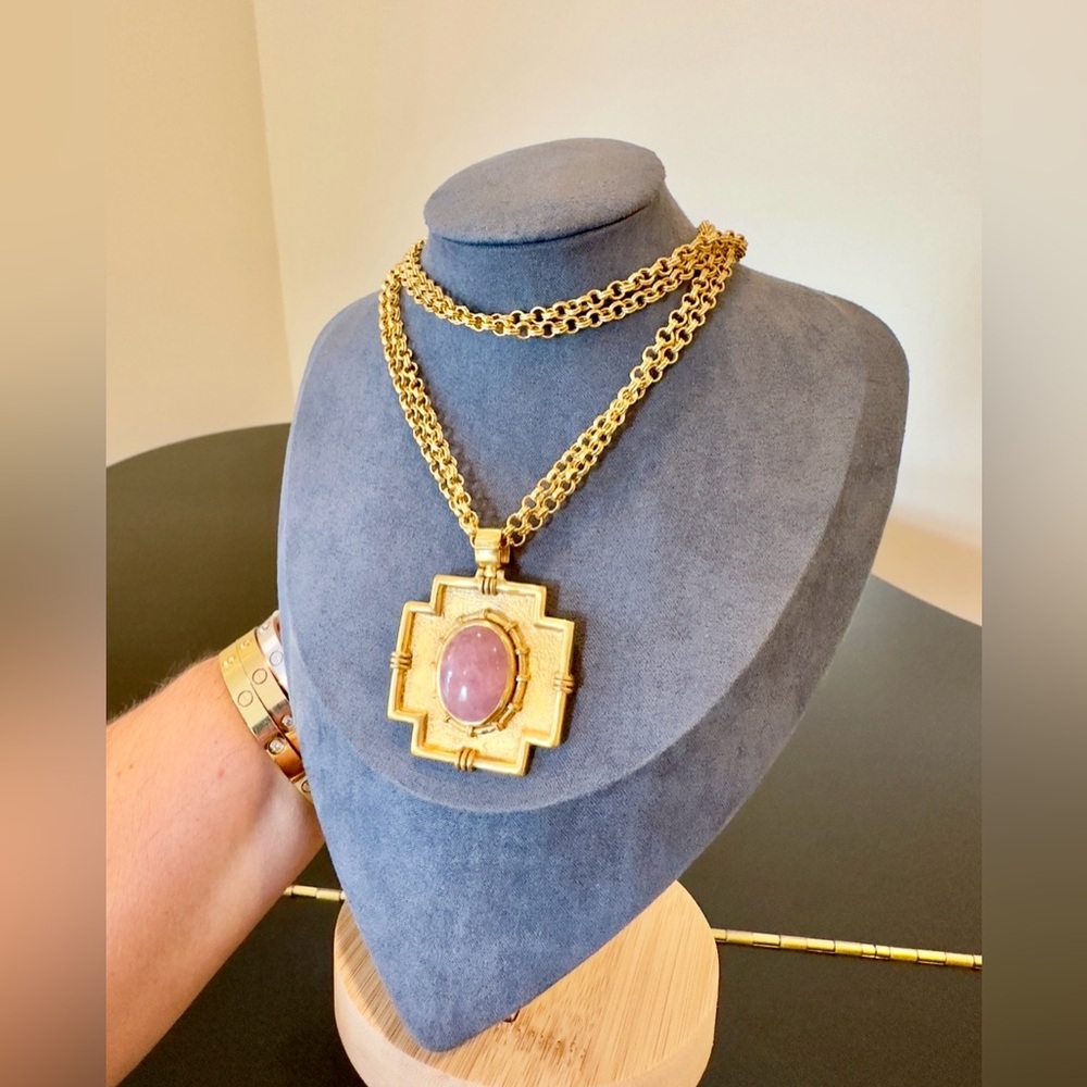 Vintage Authentic Luxury Bohemian RARE Julie Vos Rose Quartz Cross Necklace - Picture 5 of 17
